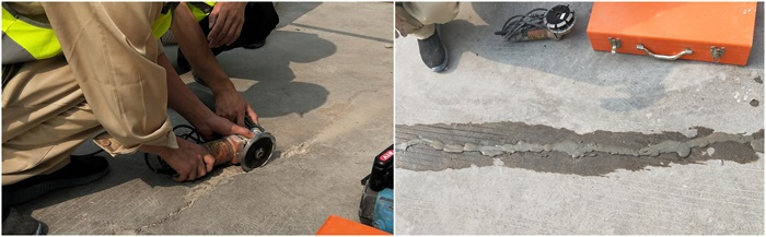 Cutting and stitching way to fix the concrete cracks